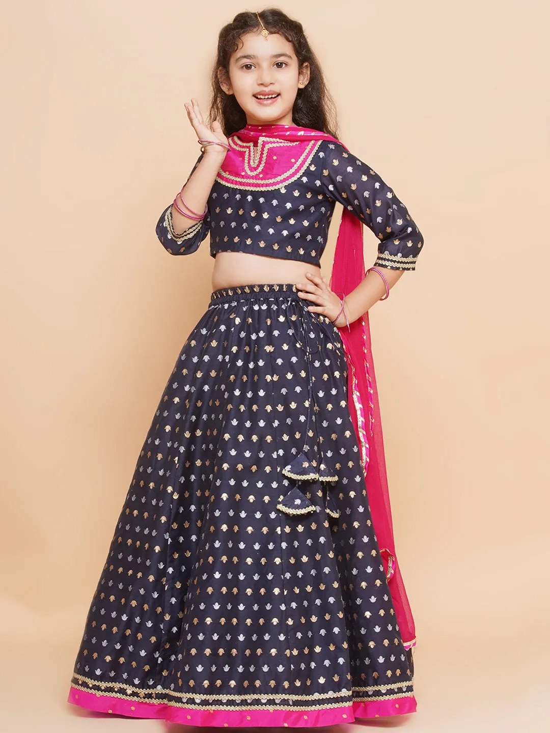 Jashvi Girls Navy blue Jacquard design Lehenga & Detailed Blouse With Dupatta