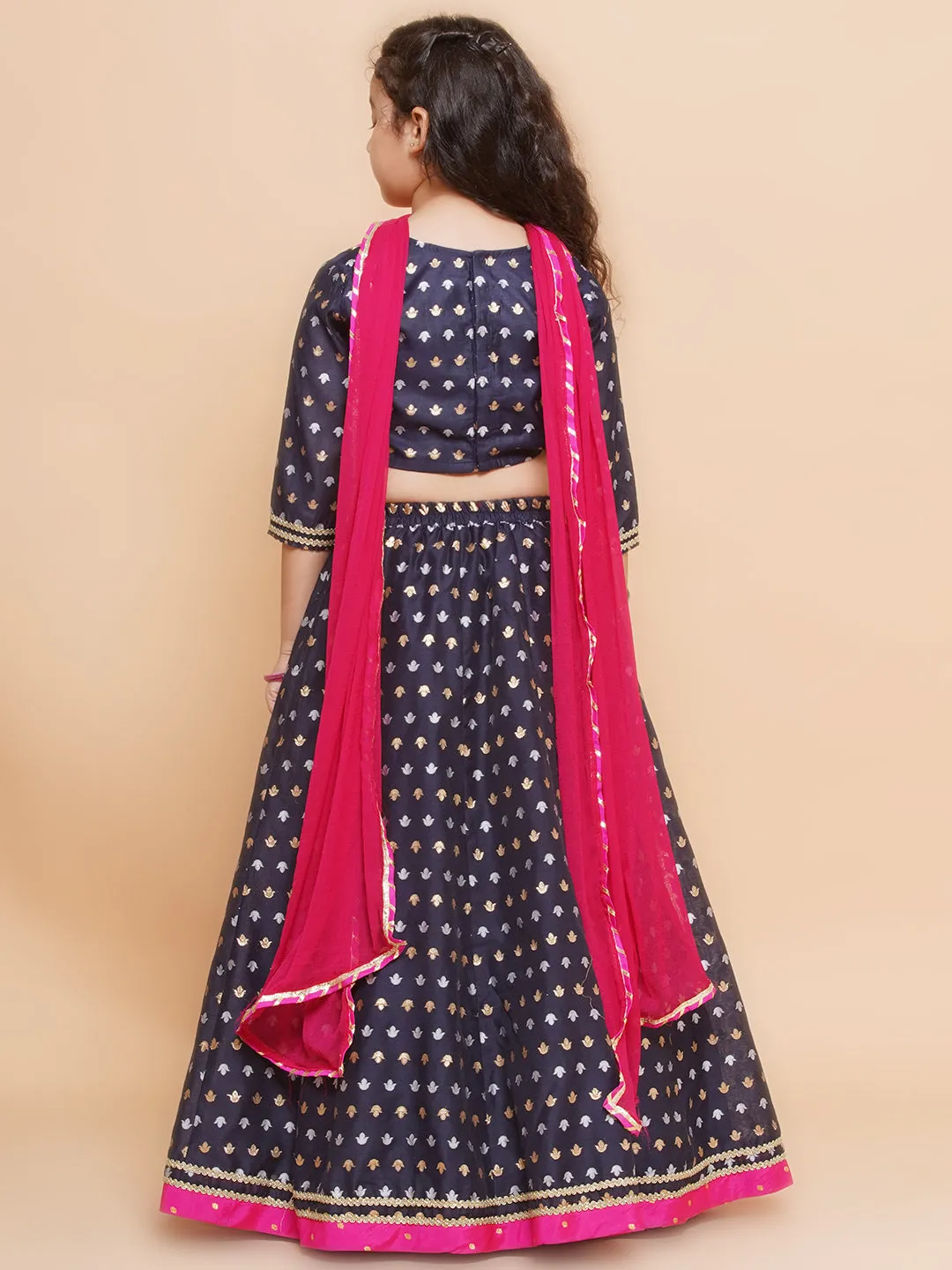 Jashvi Girls Navy blue Jacquard design Lehenga & Detailed Blouse With Dupatta