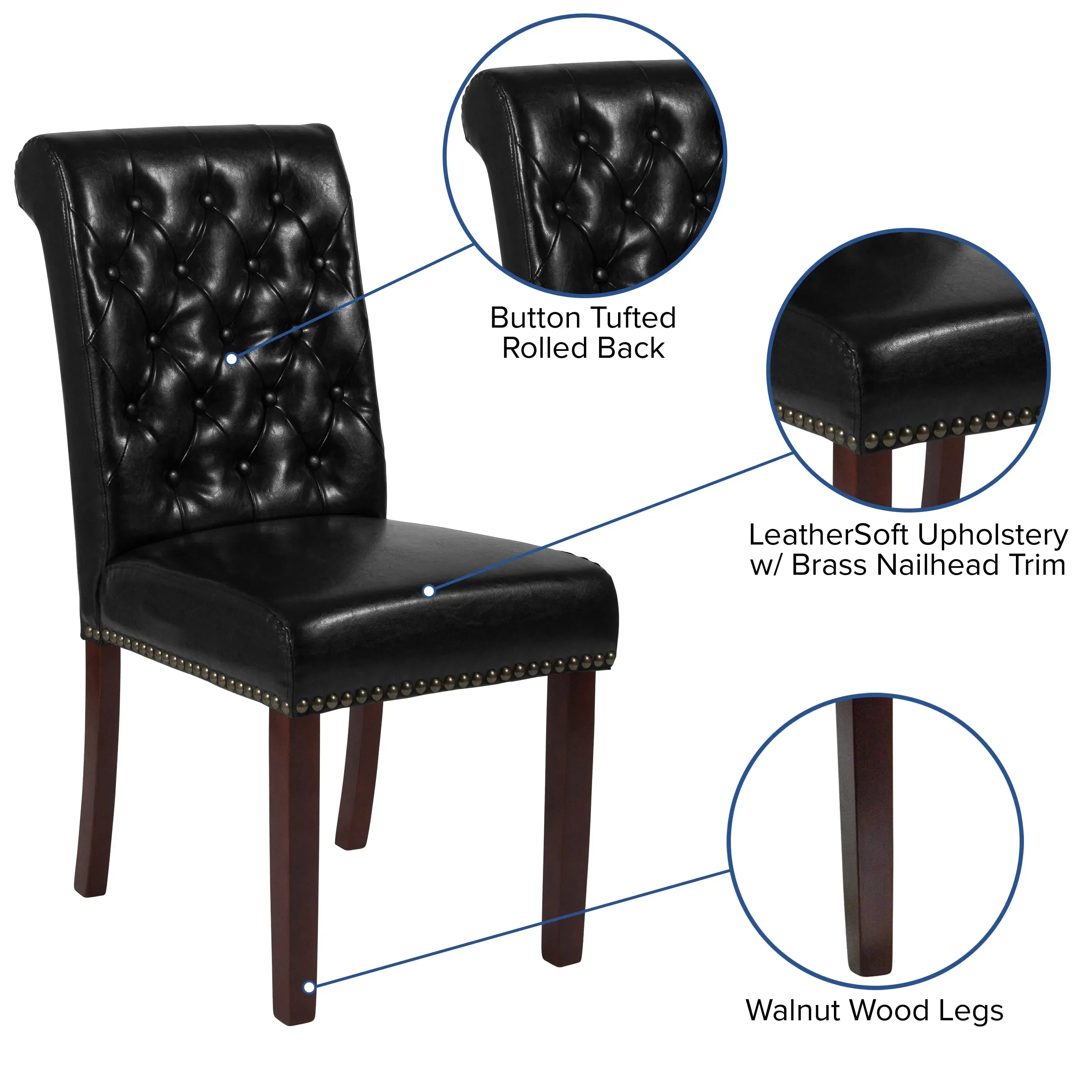 Joanne Black Faux Leather Parsons Chair with Rolled Back, Nail Trim/Walnut Finish