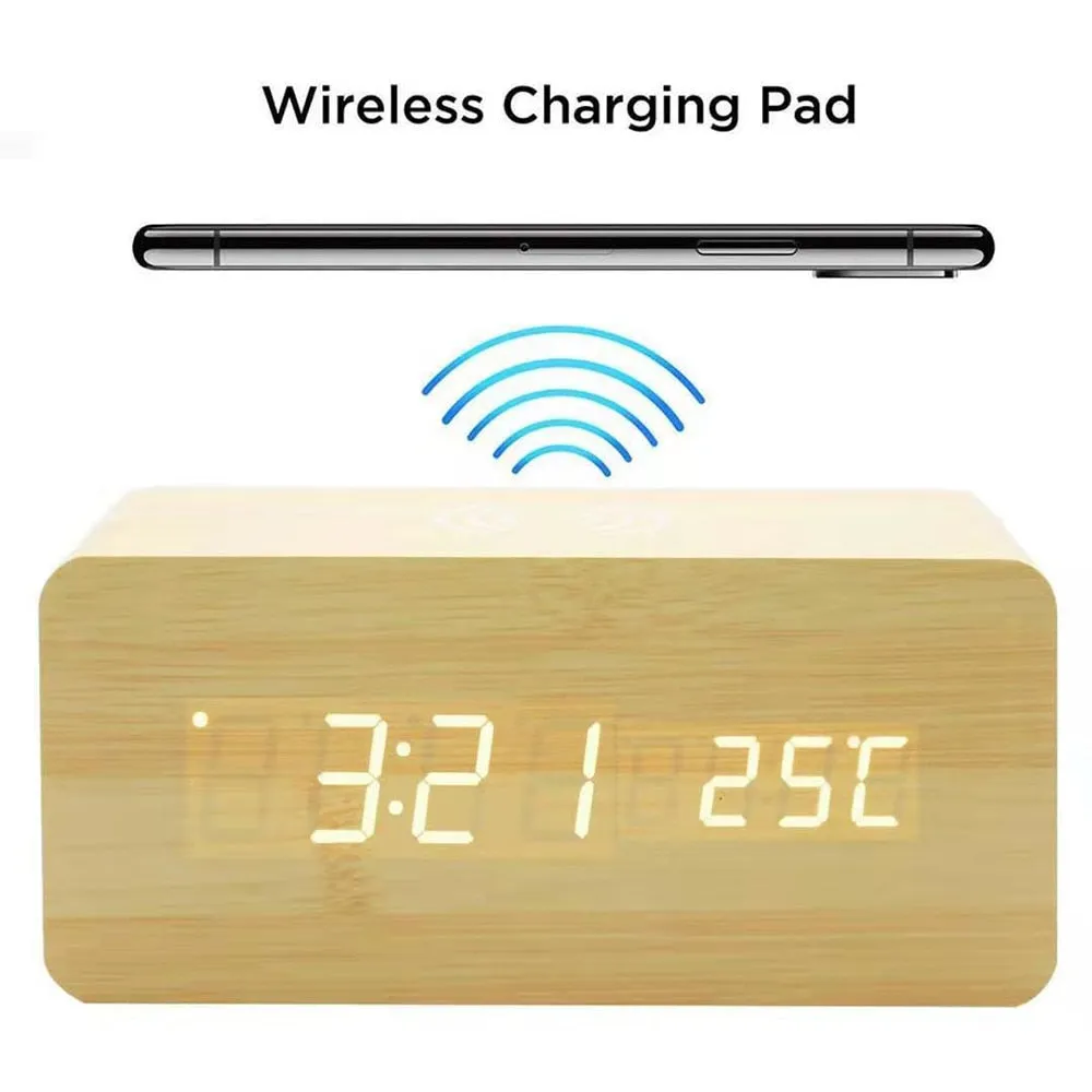 Modern Wooden Wireless Charging Alarm Clock