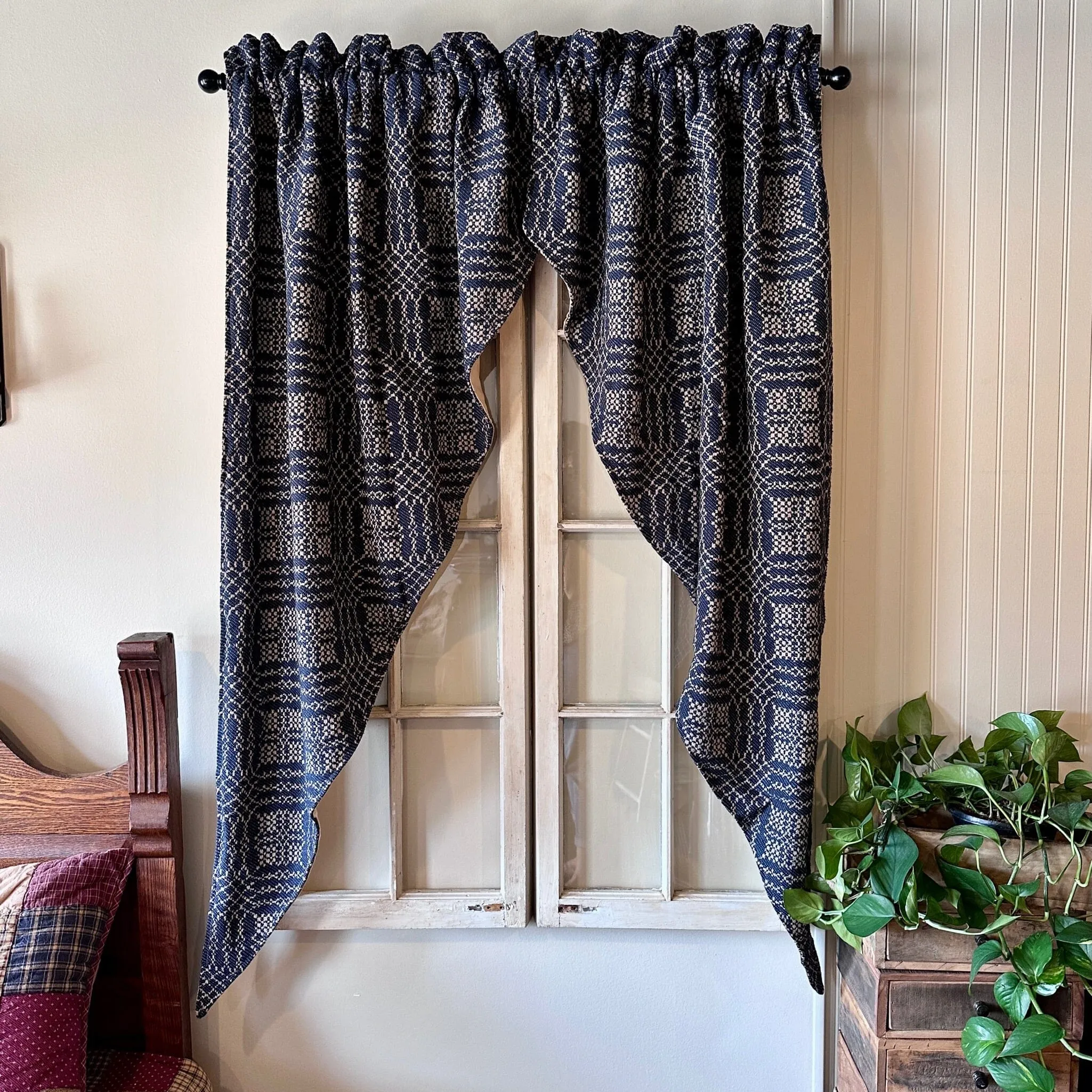 Nantucket Navy and Tan Woven Long Swag Curtain 63"