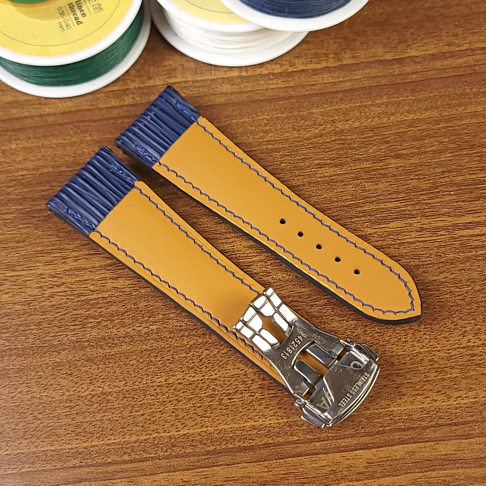 Navy Blue Genuine Epi Leather Omega Watch Straps 20mm