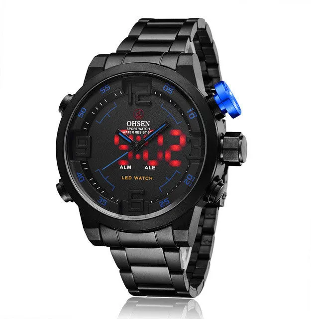 OHSEN Watch Men's Military Watches Men Luxury Brand Full steel Watch Sports Diver Quartz Multi-function LED Display Wristwatches