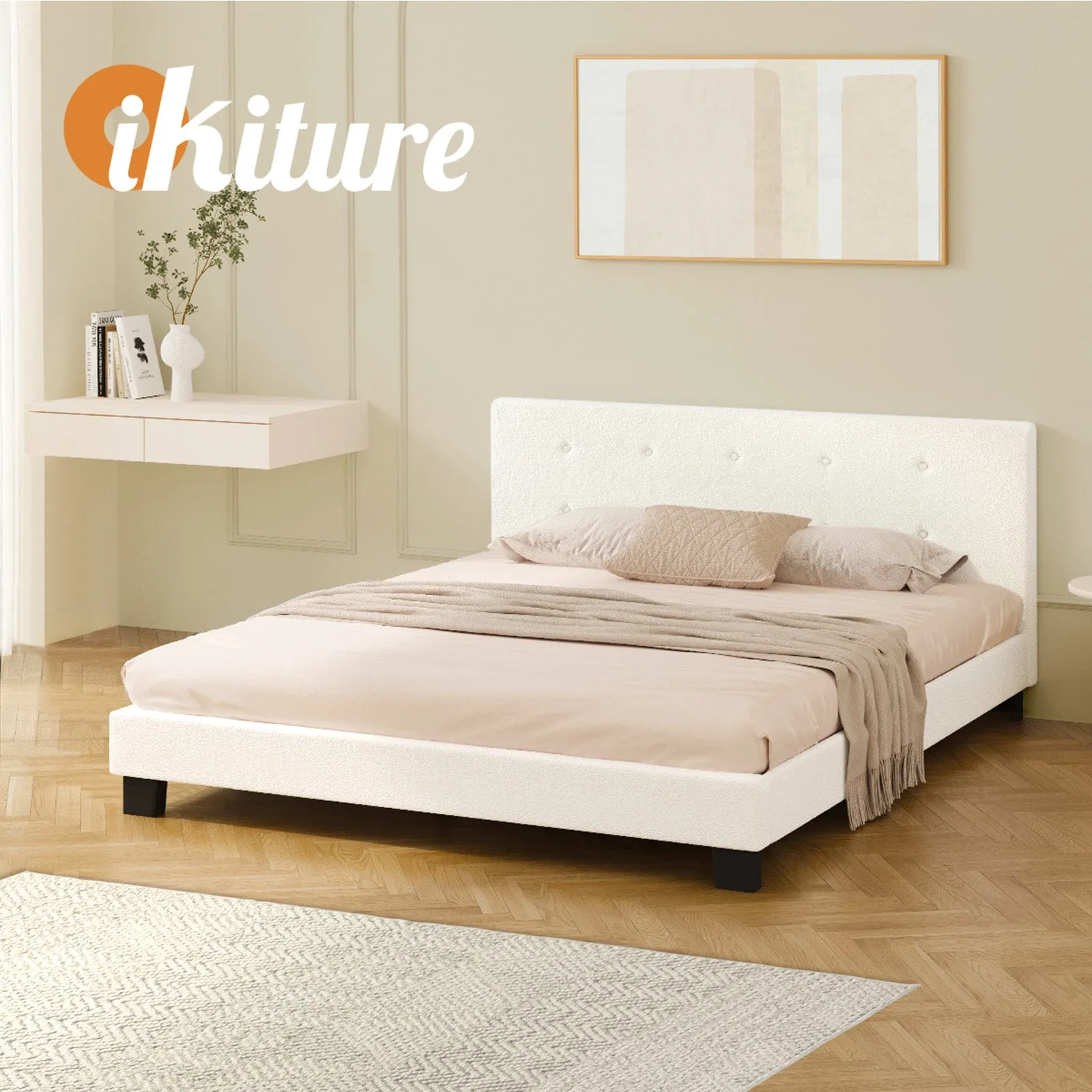 Oikiture Bed Frame Queen Size Bed Platform White Boucle