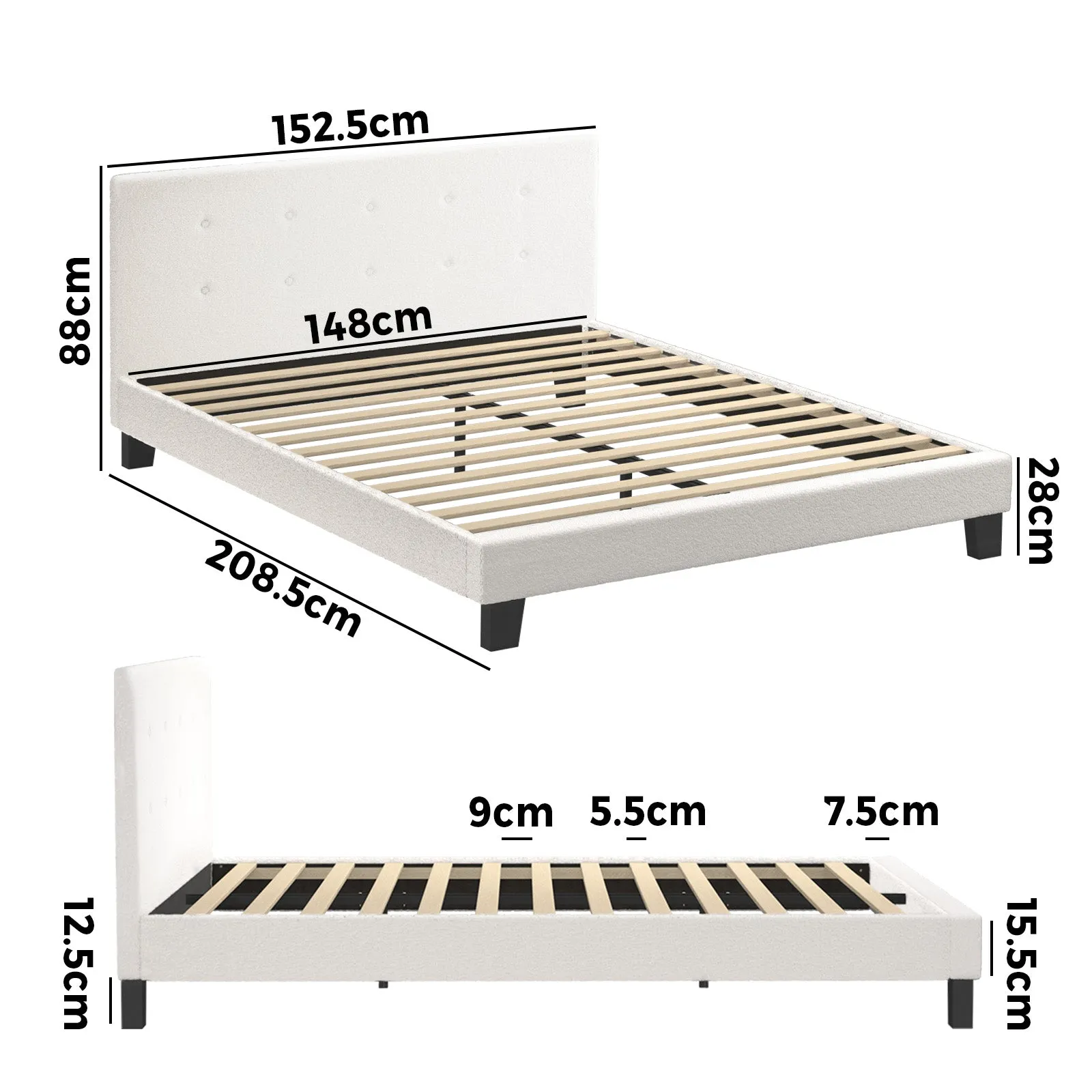 Oikiture Bed Frame Queen Size Bed Platform White Boucle