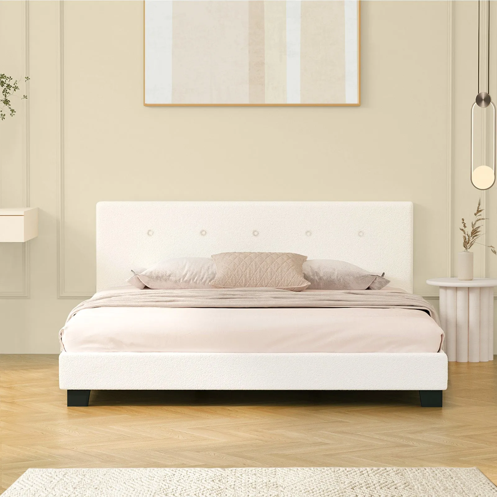 Oikiture Bed Frame Queen Size Bed Platform White Boucle