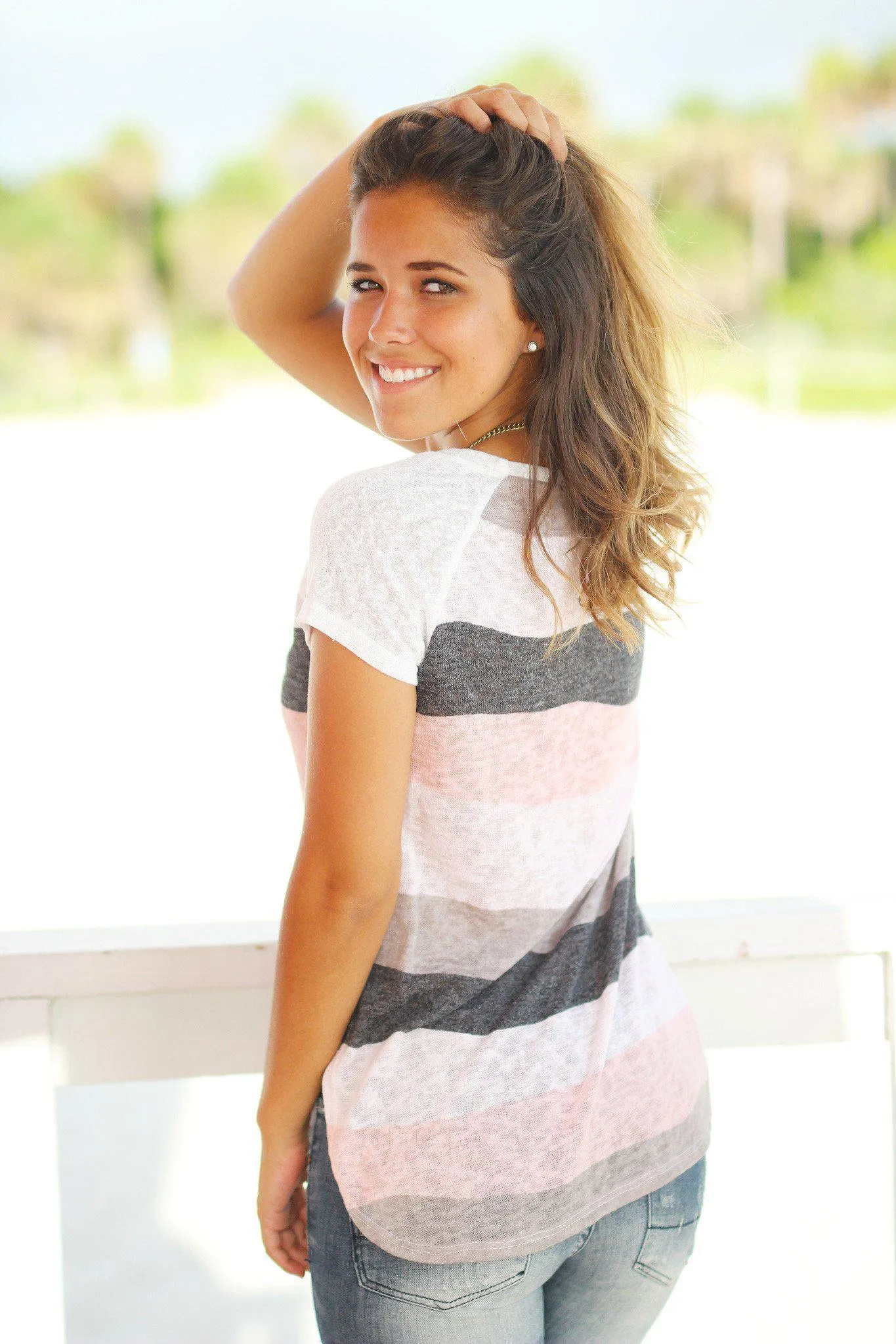 Pink and Gray Wavy Striped Top