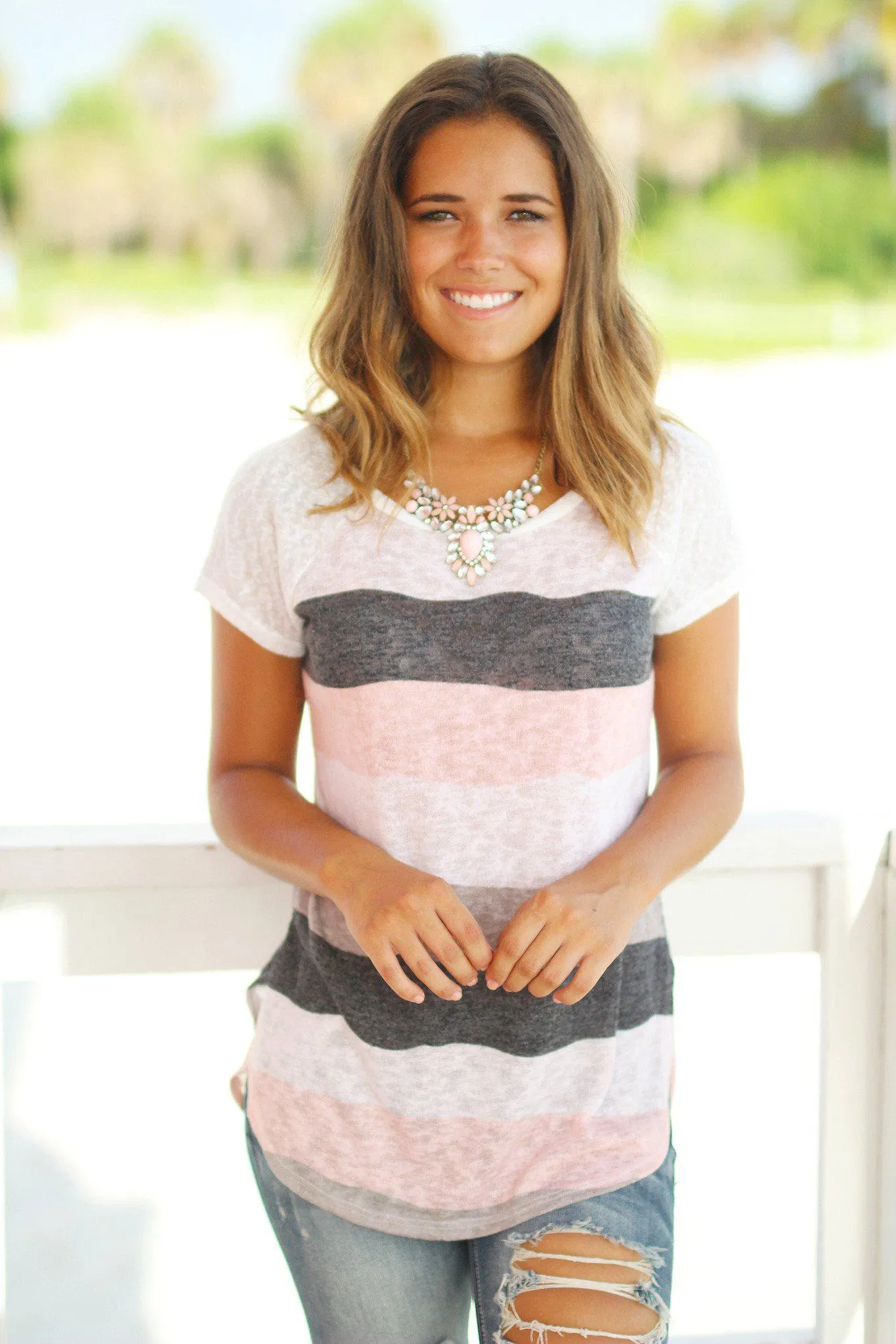 Pink and Gray Wavy Striped Top