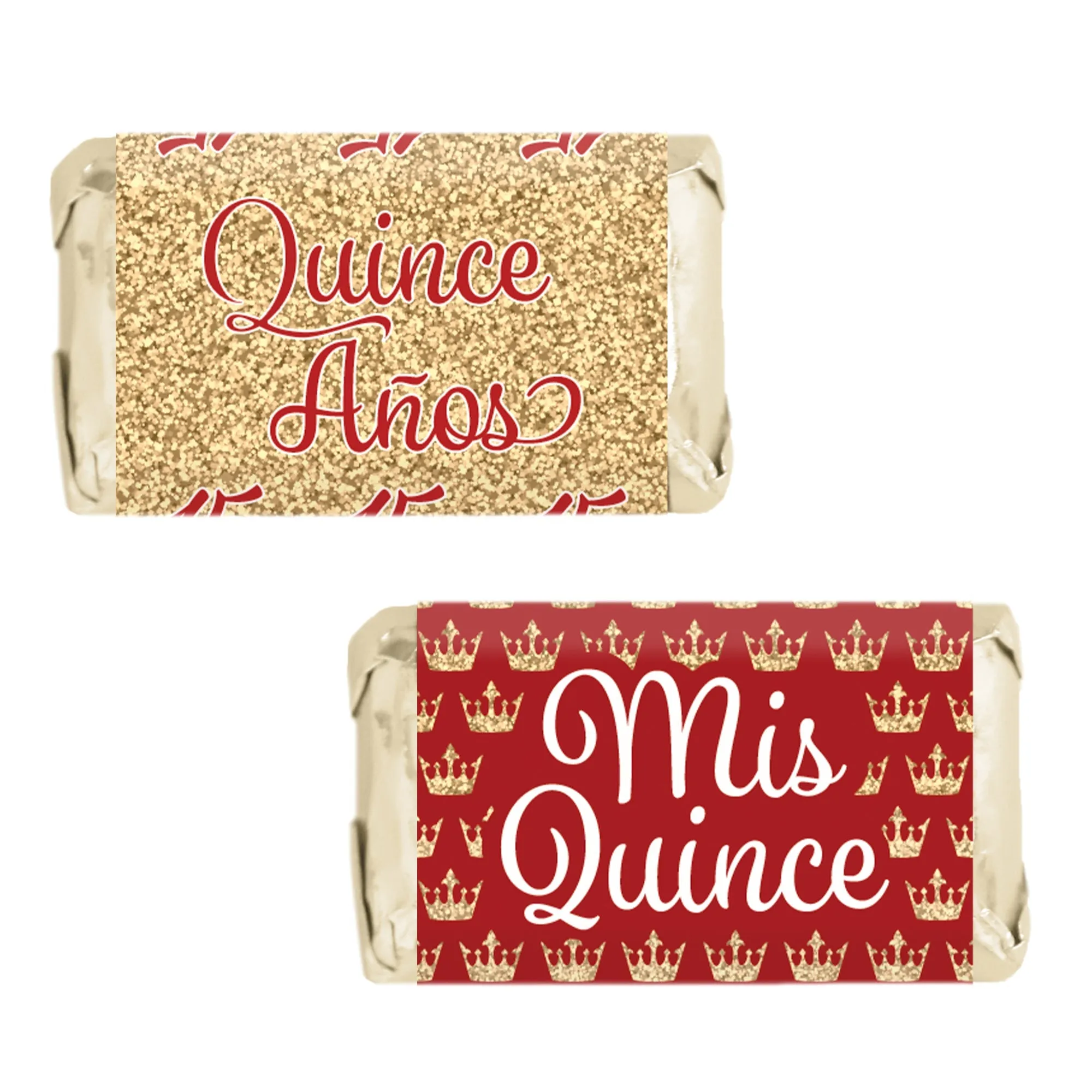 Quinceañera: Red & Gold - Sparkling Mis Quince 15th Birthday - Hershey® Miniatures Candy Bar Wrappers Stickers - 45 Stickers