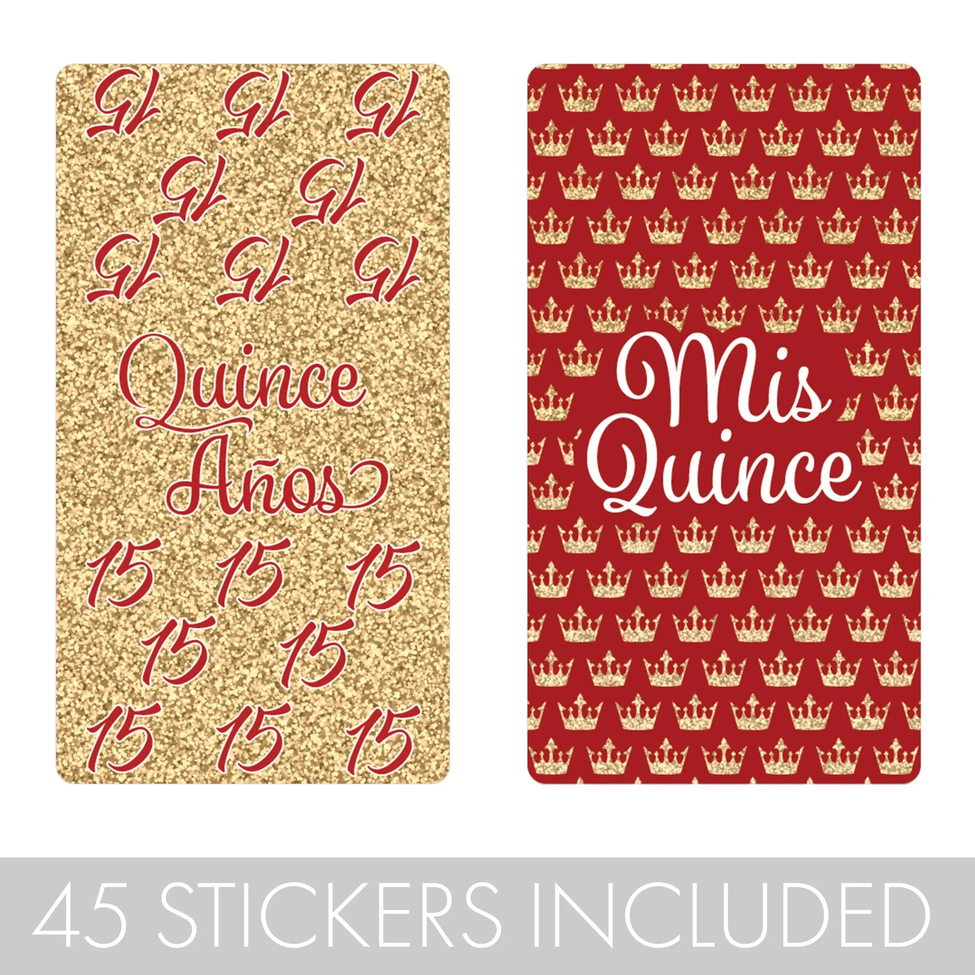 Quinceañera: Red & Gold - Sparkling Mis Quince 15th Birthday - Hershey® Miniatures Candy Bar Wrappers Stickers - 45 Stickers