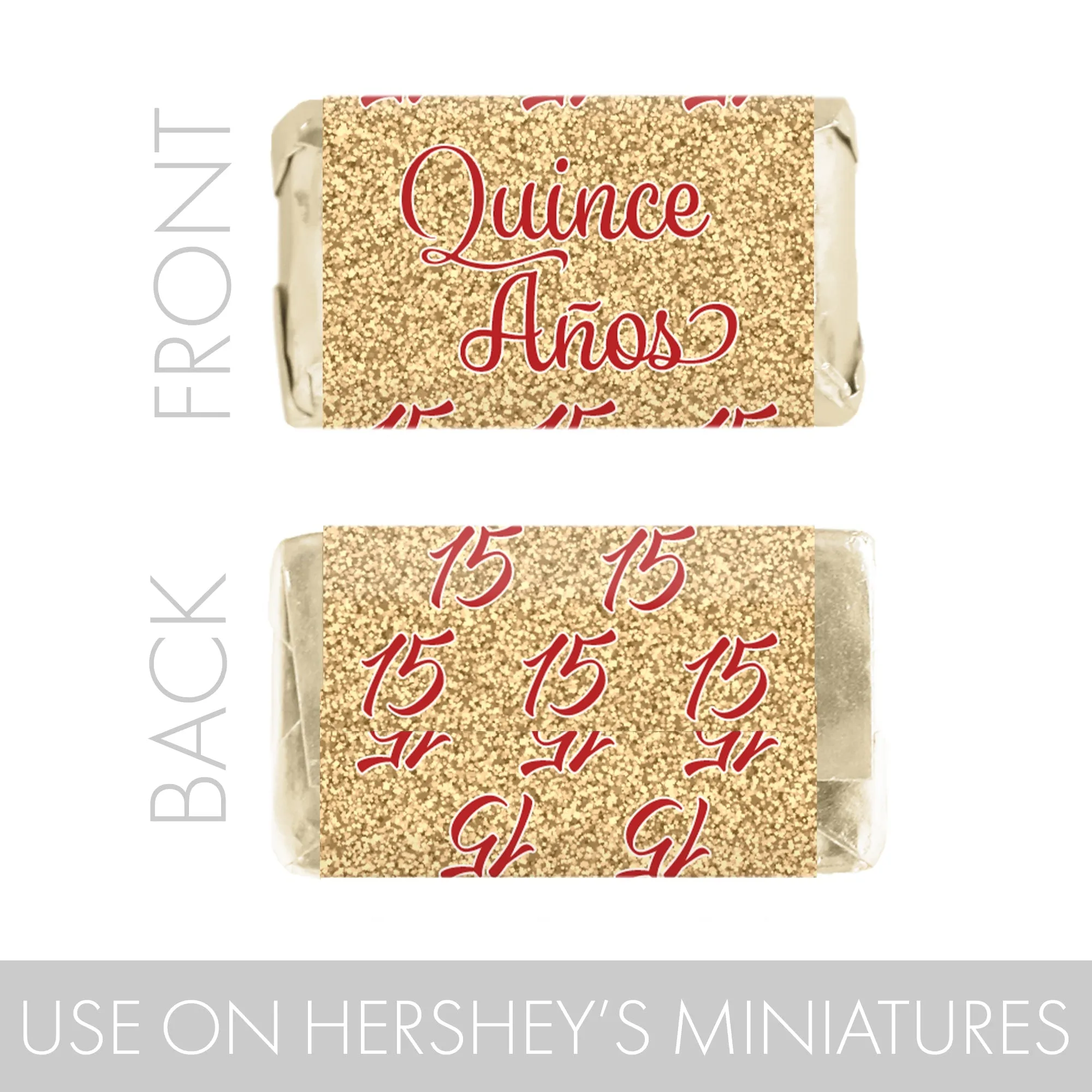 Quinceañera: Red & Gold - Sparkling Mis Quince 15th Birthday - Hershey® Miniatures Candy Bar Wrappers Stickers - 45 Stickers