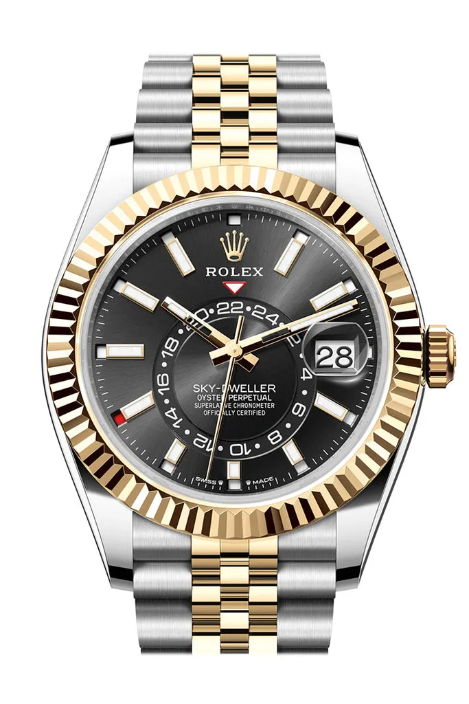 Rolex Sky Dweller 42 Black Dial Yellow Gold Stainless Steel Jubilee Mens Watch 336933