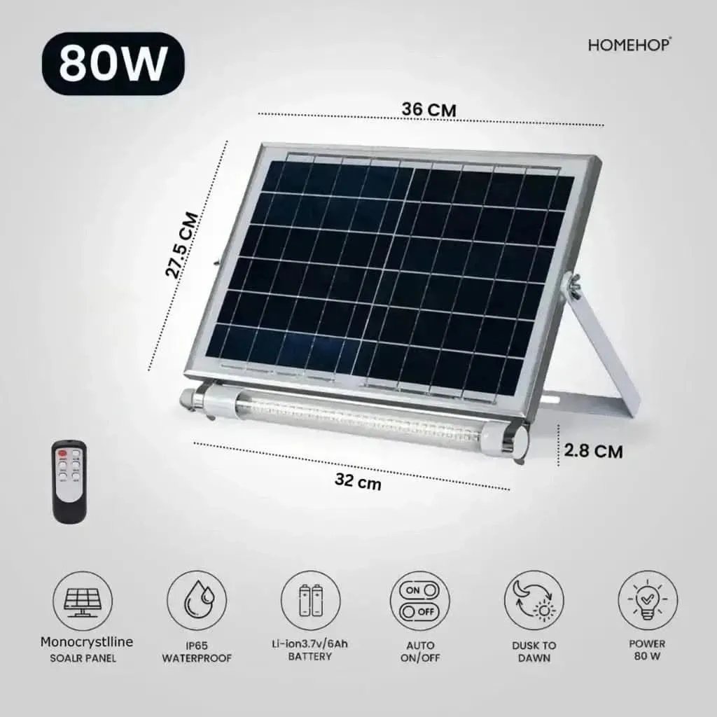 Solar 80W Tube Light Outdoor Waterproof Wall Lamp for Balcony With Panel & Remote Control ( 5M Cable, Cool White )