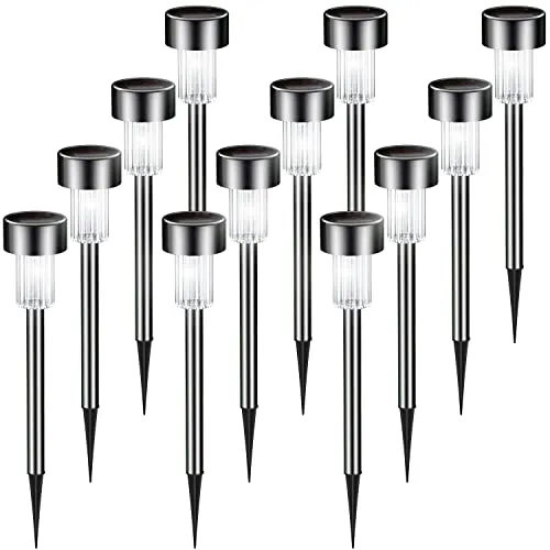 Solar Outdoor Lights 12 Pack, Solar Garden Lights Solar Powered Waterproof Landscape Path Lights Stainless Steel LED Outdoor Lights Solar for Walkway Yard Backyard Lawn Patio Driveway