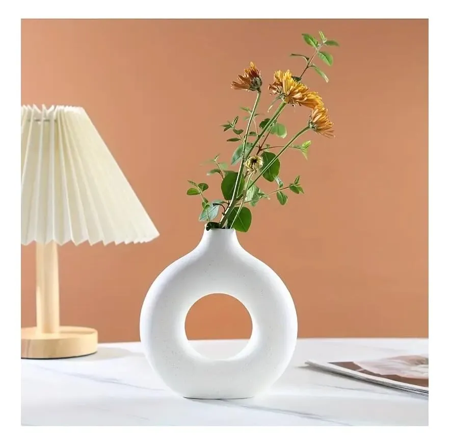 SPHINX Ceramic Donut Vase, Flower Vase Pampas Grass Vase, Vase Home Decor Centrepiece Decor for Home, Office, or Gifts-Vase Only - (White Matt Speckled, 6 in - 1 Pc)