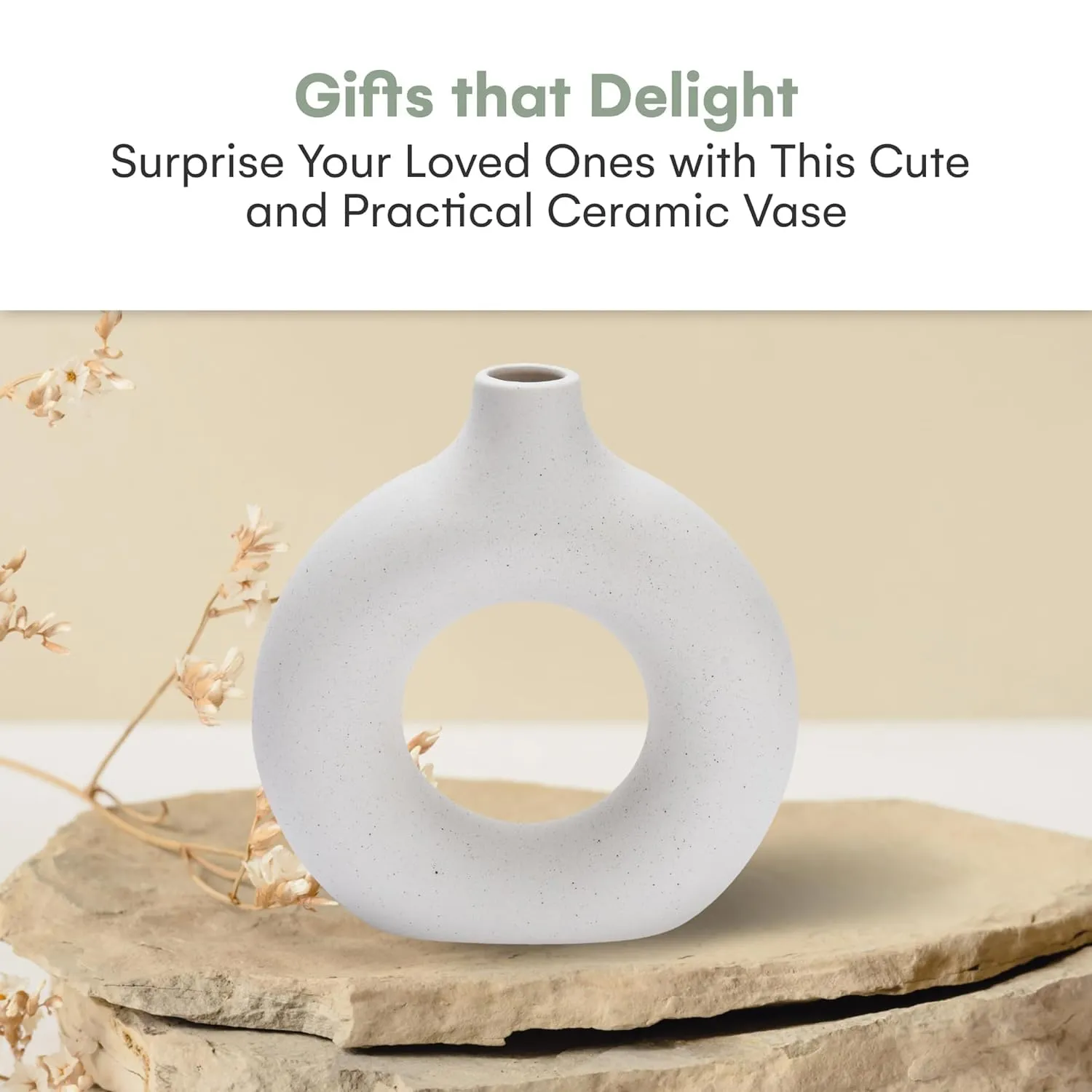 SPHINX Ceramic Donut Vase, Flower Vase Pampas Grass Vase, Vase Home Decor Centrepiece Decor for Home, Office, or Gifts-Vase Only - (White Matt Speckled, 6 in - 1 Pc)