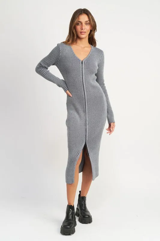 TEEK - Two Way Zip V-Neck Midi Dress