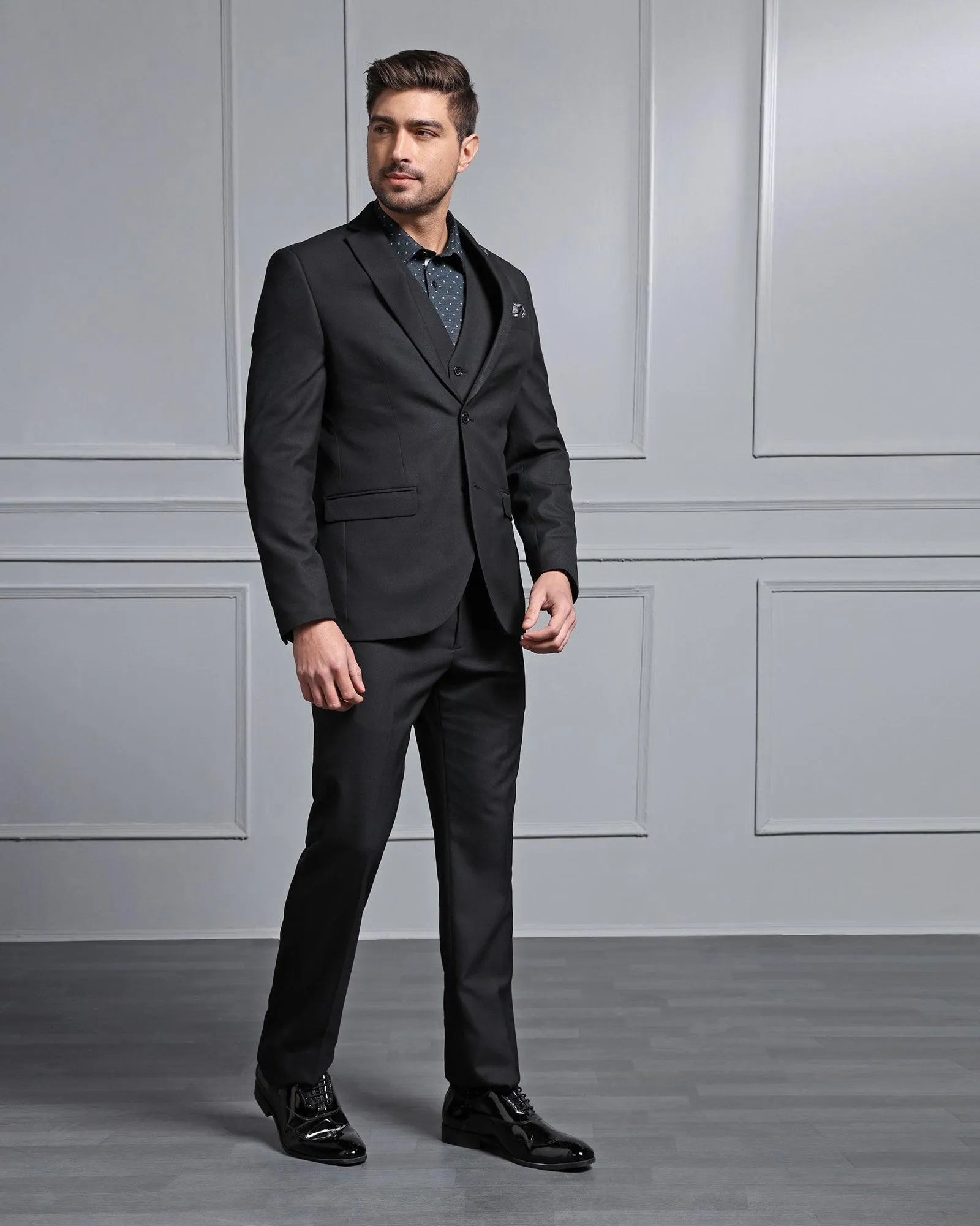 Three Piece Black Textured Formal Suit - Carbon