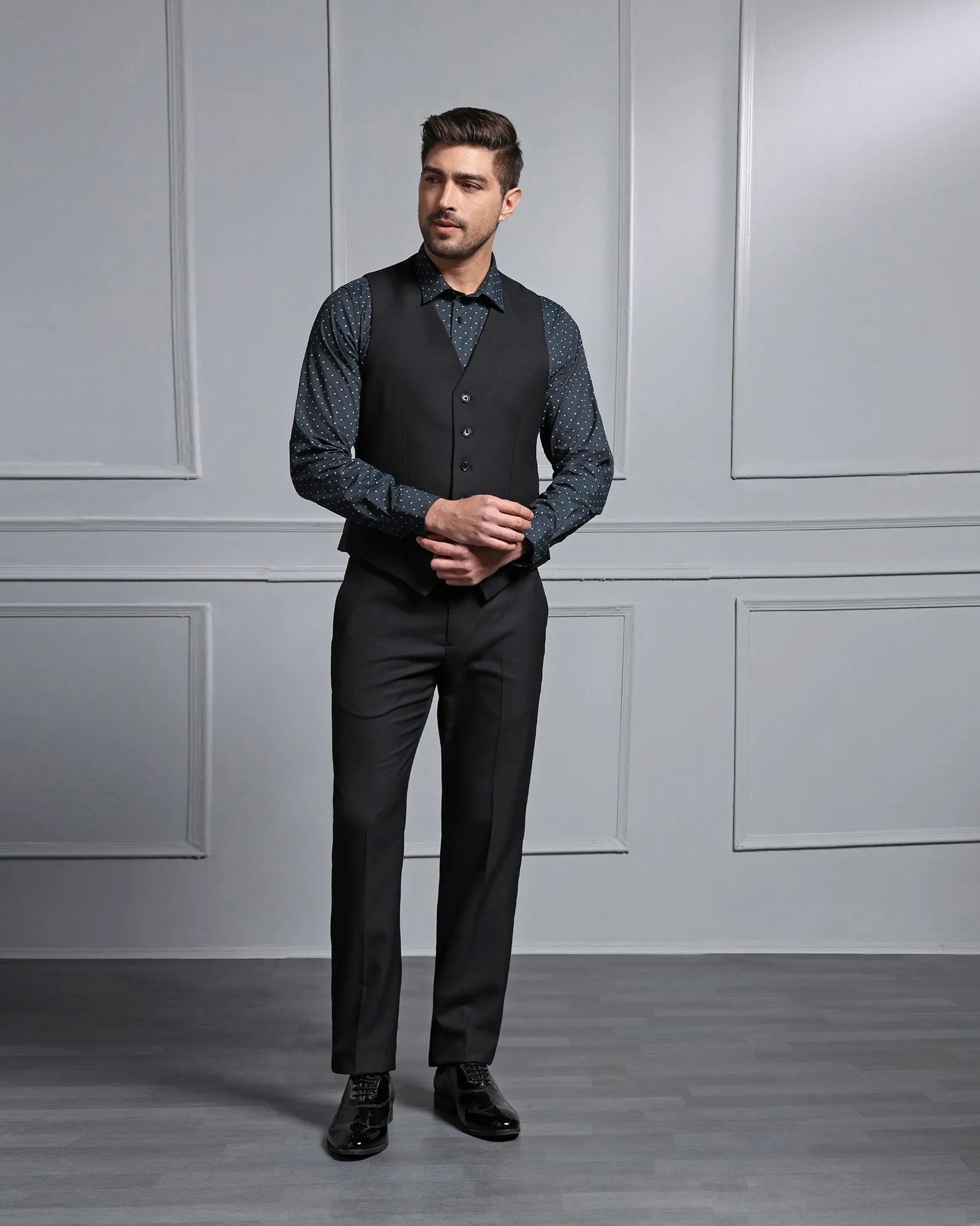 Three Piece Black Textured Formal Suit - Carbon