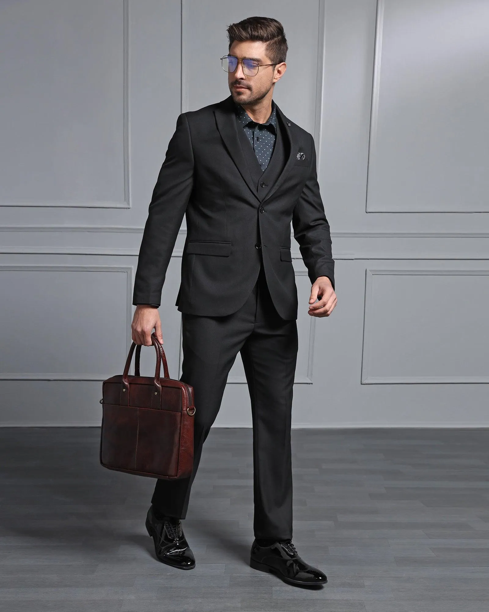 Three Piece Black Textured Formal Suit - Carbon