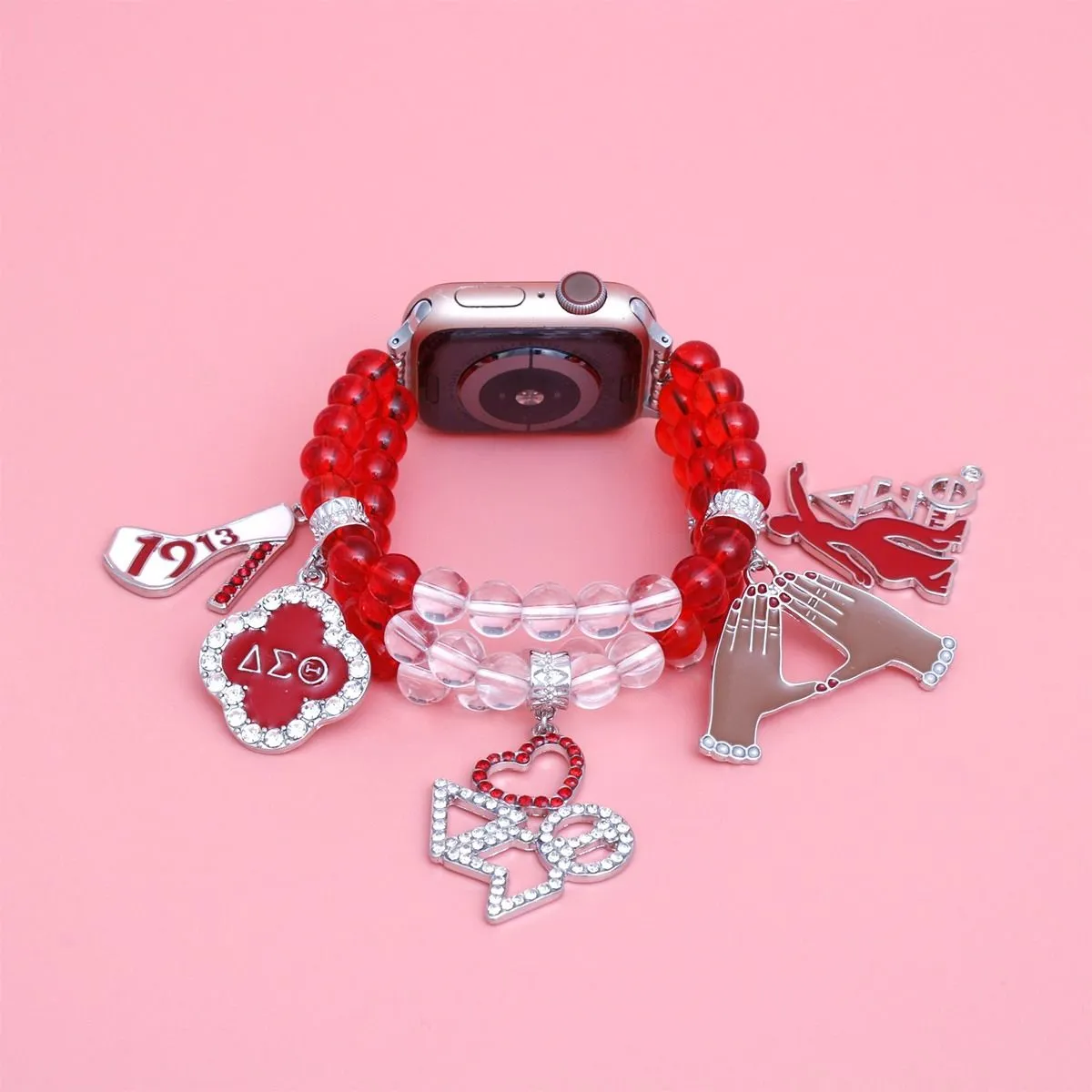 Updated DST Red Clear Glass Bead Charm Watch Band