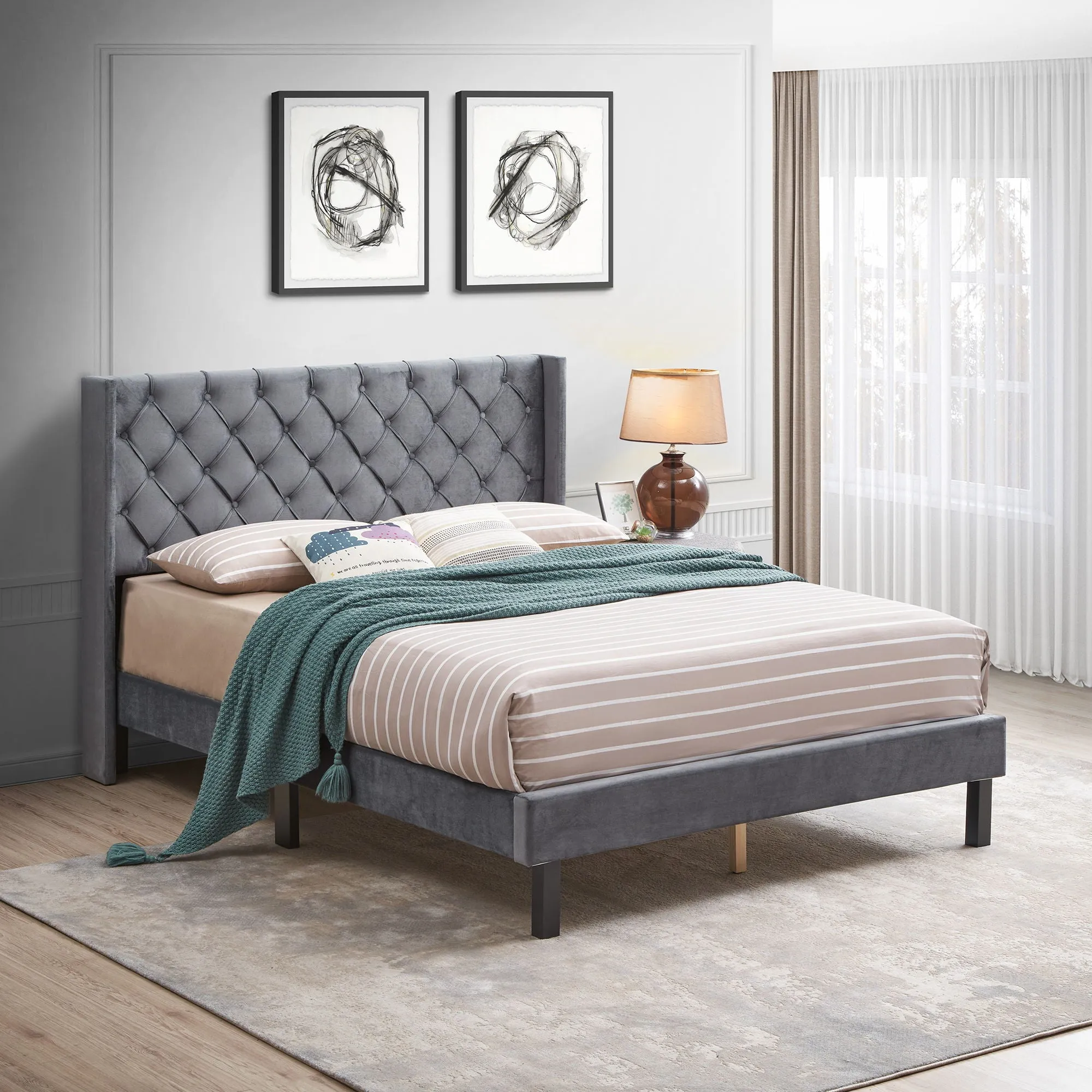 Velvet Button Tufted-Upholstered Bed With Wings Design Strong Wood Slat Support Queen Platform Bed - Gray