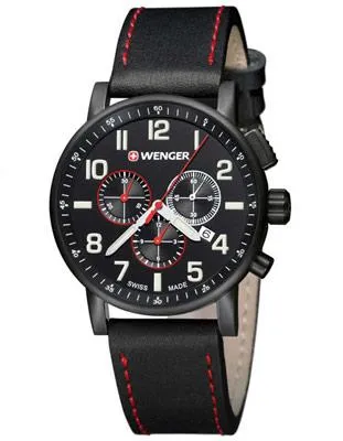 Wenger Mens Attitude Chronograph - Black Dial & Case - Black Leather Strap