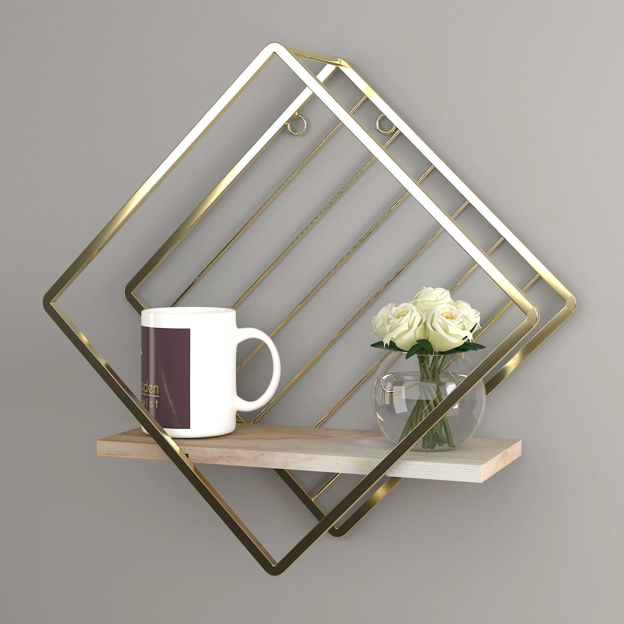 Wooden Twist Metallic Rhombus Shape Wood & Iron Storage Wall Shelf ( Golden )