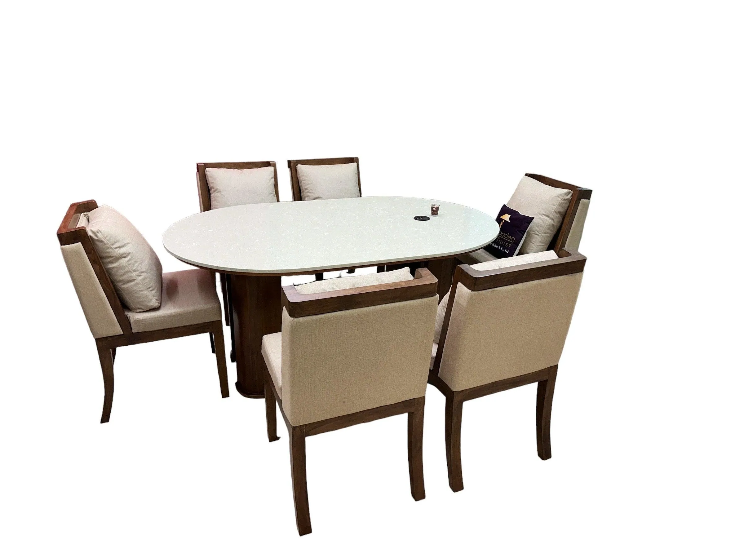 Wooden Twist Suave Modern Lavishness Marble Top Teak Wood 6 Seater Dining Table Set with Comfortable Cushions